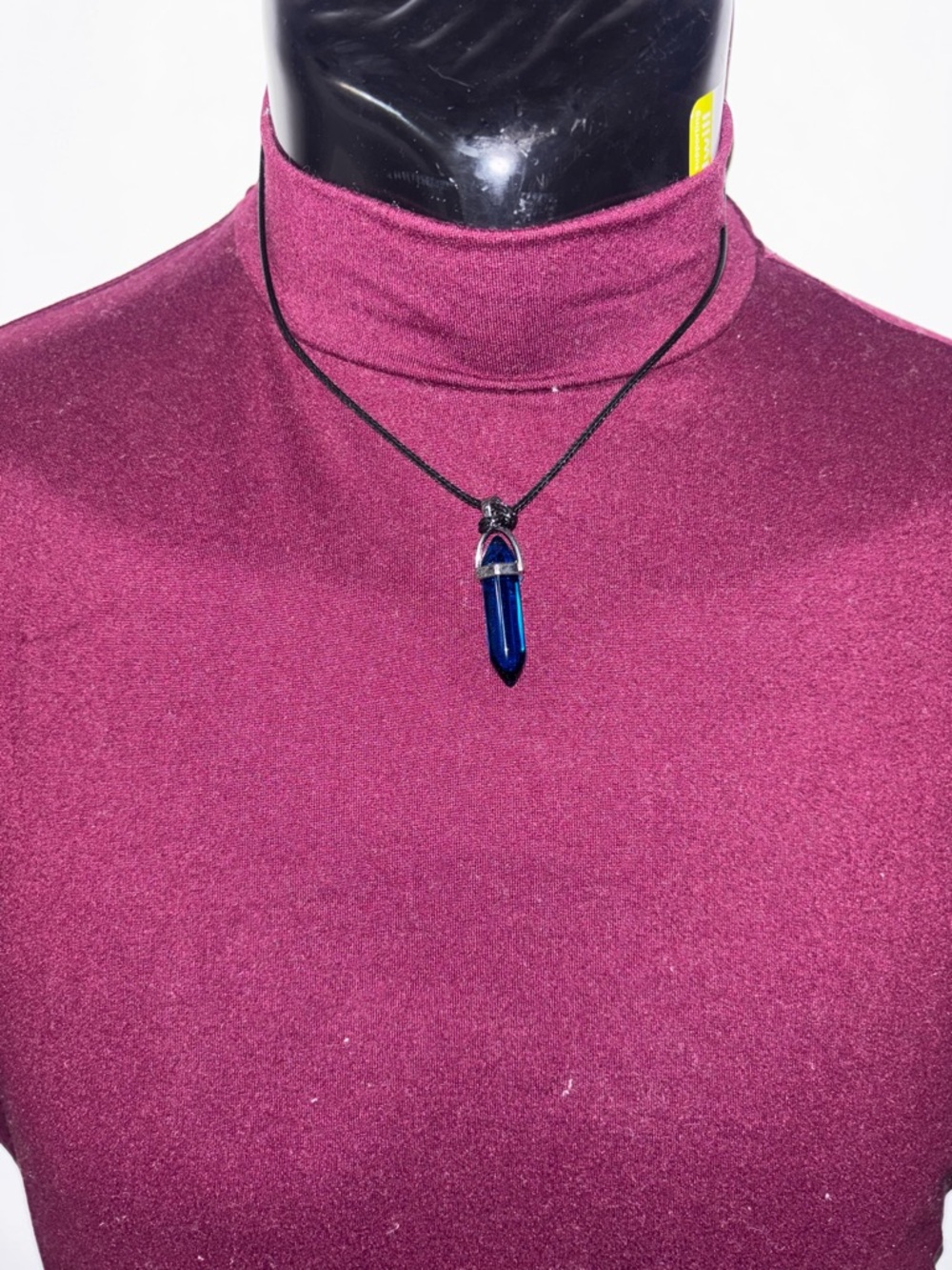 Sapphire Blue Crystal Point Pendant Necklace on Black Cord